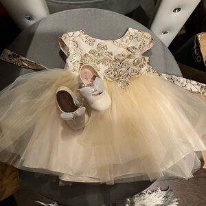 Elegant Cream and Gold Baby Dress with Shoes
